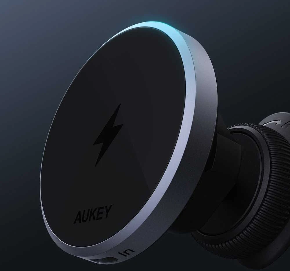 Automobilinis telefono laikiklis Aukey HD-MC13, su įkrovikliu 15W Qi2 (juodas)