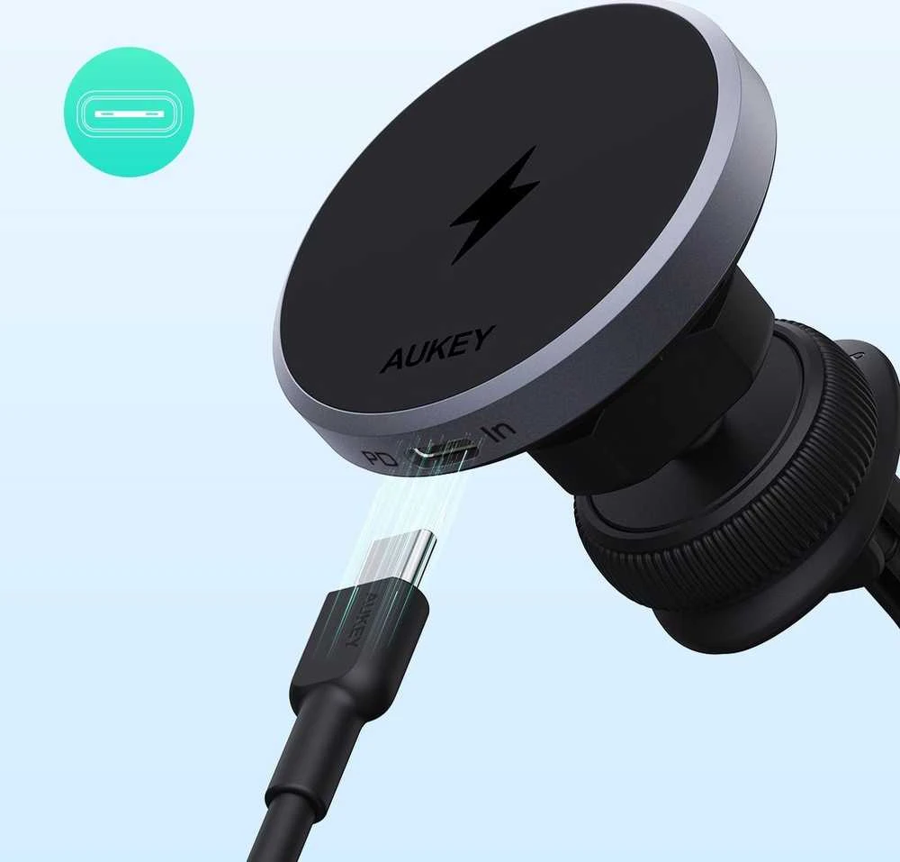 Automobilinis telefono laikiklis Aukey HD-MC13, su įkrovikliu 15W Qi2 (juodas)