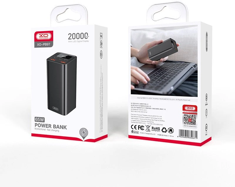 XO laptop power bank PB97 65W 20000mAh juodos spalvos