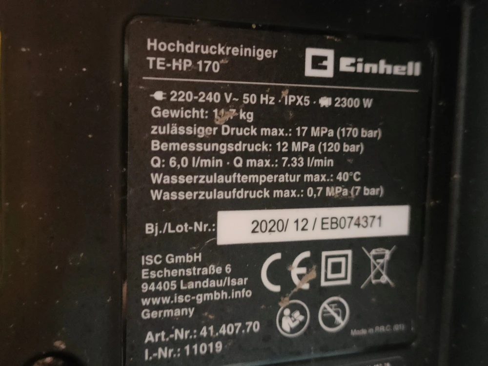 Aukšto slėgio plovykla Einhell TE-HP 170; 2300 W; 170 bar