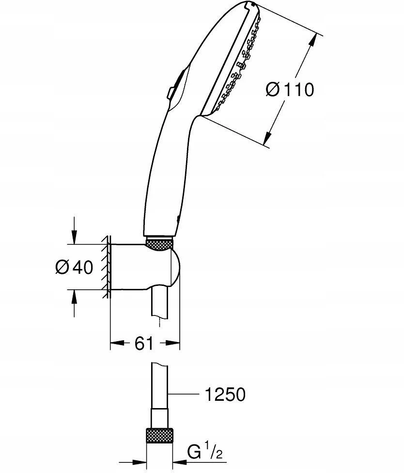 Grohe Tempesta 110 2sr. dušo kompl su laikikliu ir žarna 1250mm. 13.5L/min. chromas