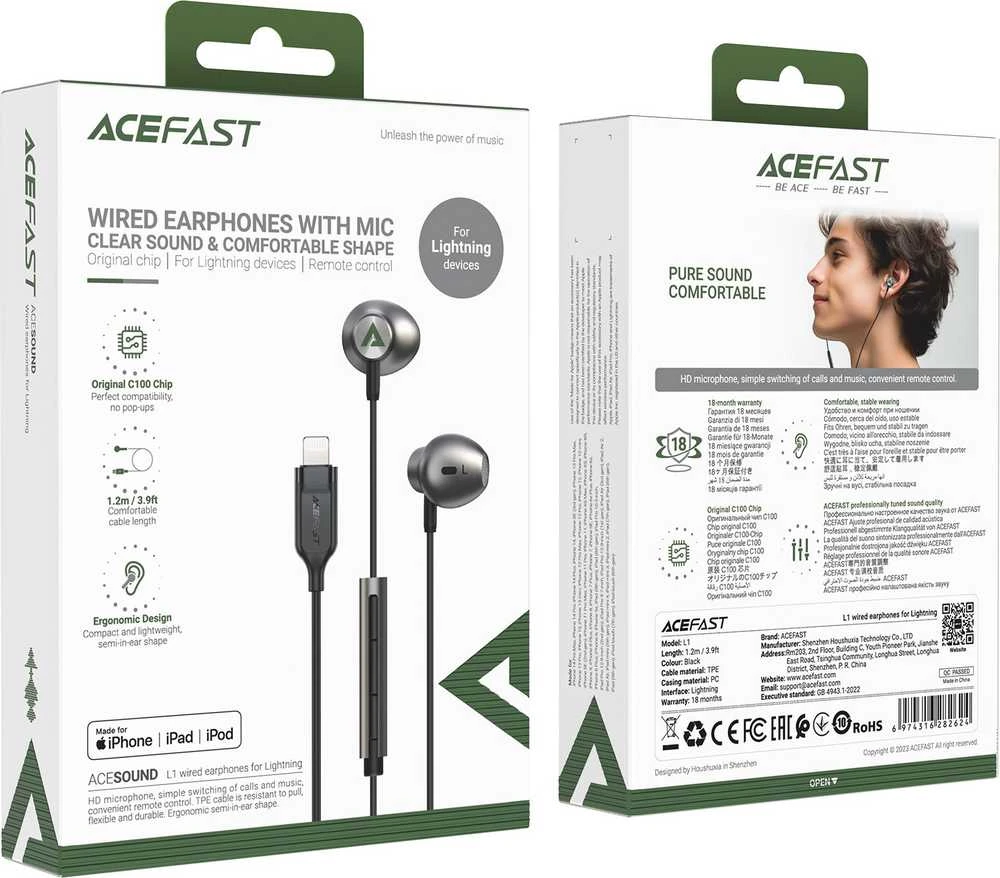 Acefast L1 į ausis įkišamos ausinės su Lightning jungtimi, mikrofonas ir nuotolinis valdymas 1.2 m – juodos spalvos