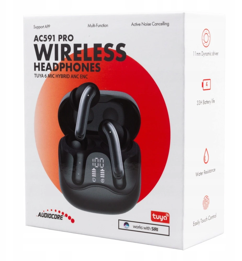 Audiocore belaidės ausinės, hybrid ANC, ENC, 6 microphones, įkrovimo dėklas, Tuya, AC591 PRO