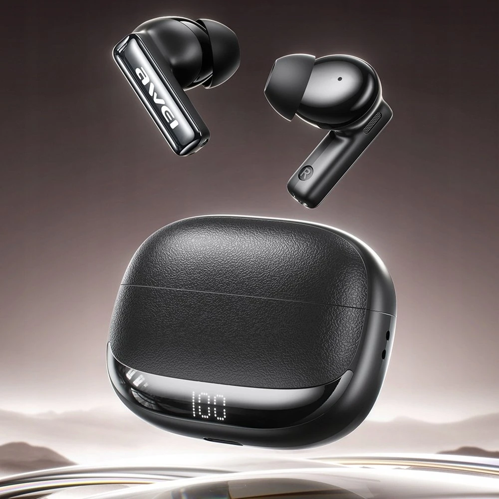 Belaidės Ausinės AWEI TA19 ANC Bluetooth 6.0 TWS + įkrovimo dėklas juodos spalvos