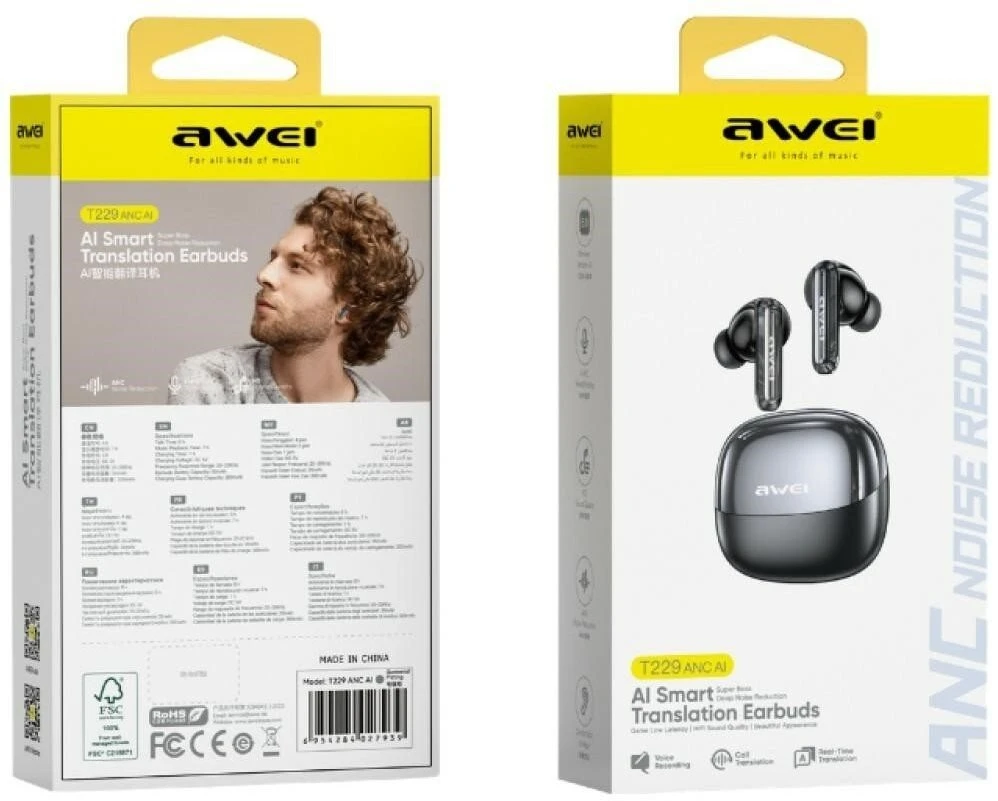 Awei Belaidės ausinės T229 ANC AI with a charging dock gunmetal