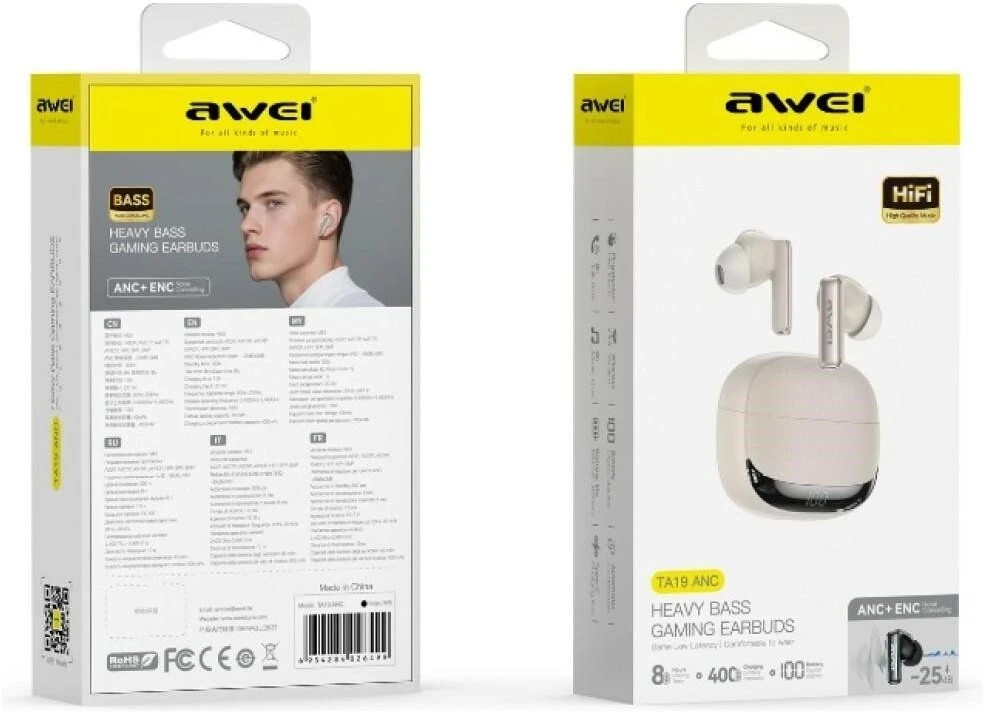 Belaidės Ausinės AWEI TA19 ANC Bluetooth 6.0 TWS + įkrovimo dėklas beige