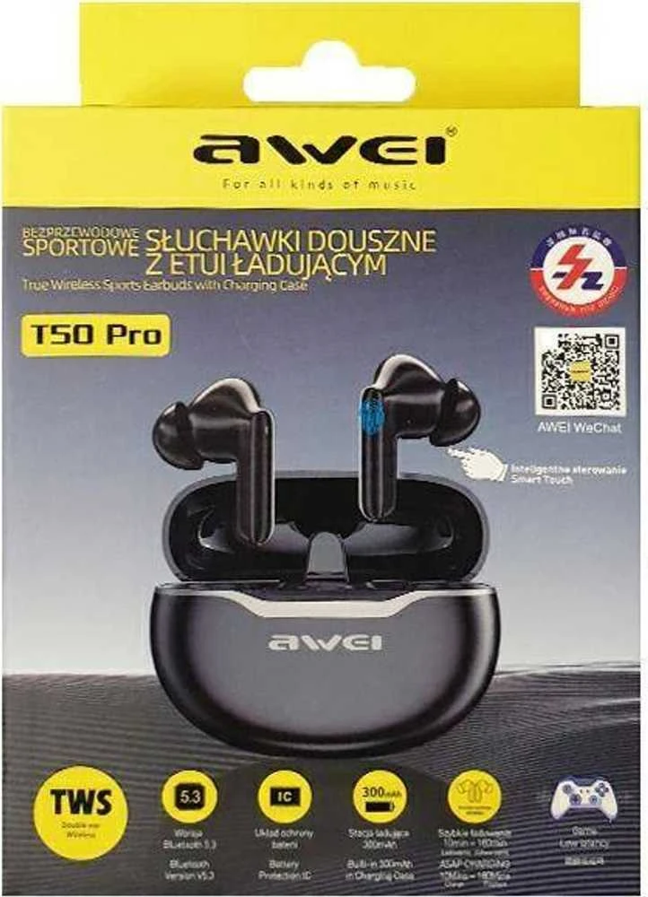 Awei T50 Pro ausinių pakuotė su techniniais parametrais
