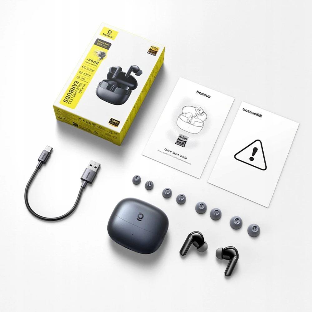 Baseus Belaidės Bluetooth 6.0 ausinės Bass BP1 Pro su triukšmo slopinimu ir įkrovimo dėklu, juodos