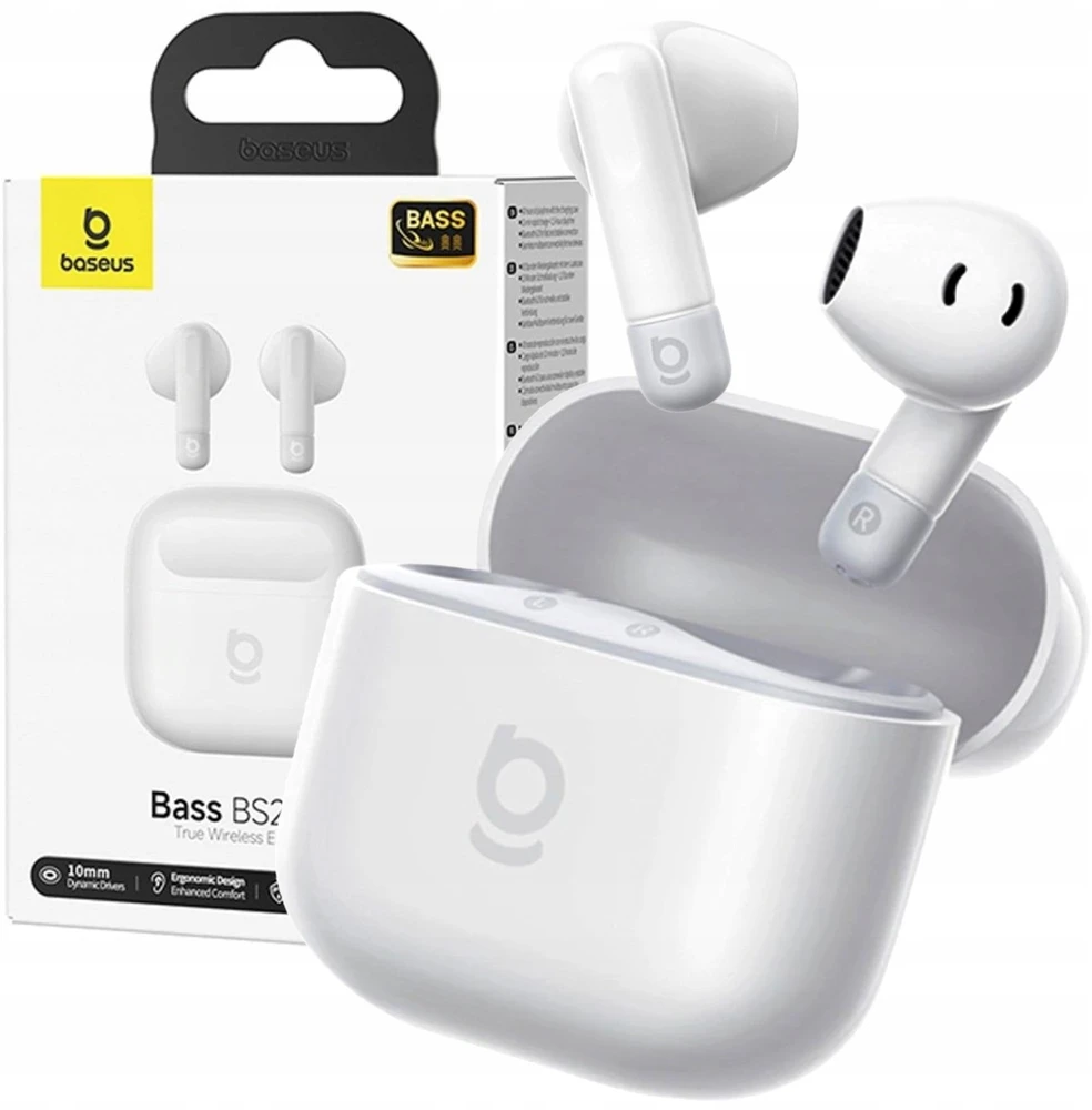 Baseus Belaidės Bluetooth 6.0 ausinės Bass BS2 Lite su įkrovimo dėklu, baltos
