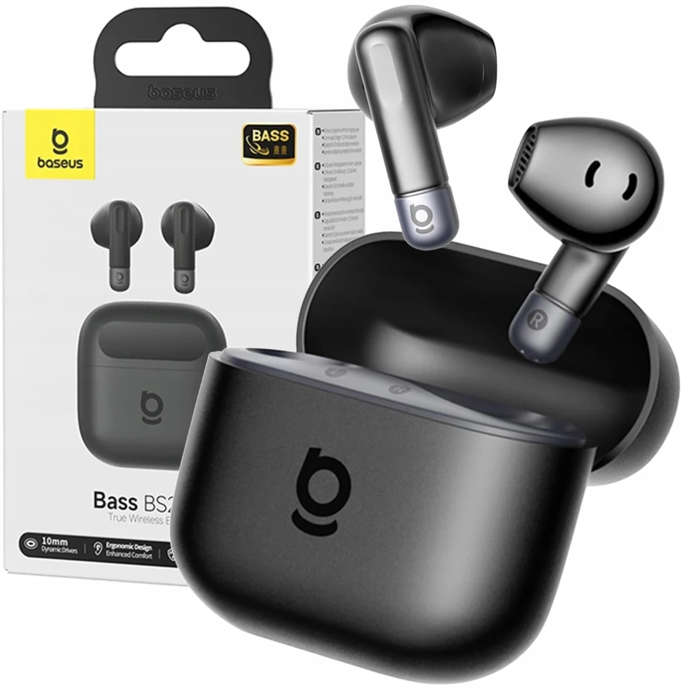 Baseus Belaidės Bluetooth 6.0 ausinės Bass BS2 Lite su įkrovimo dėklu, juodos