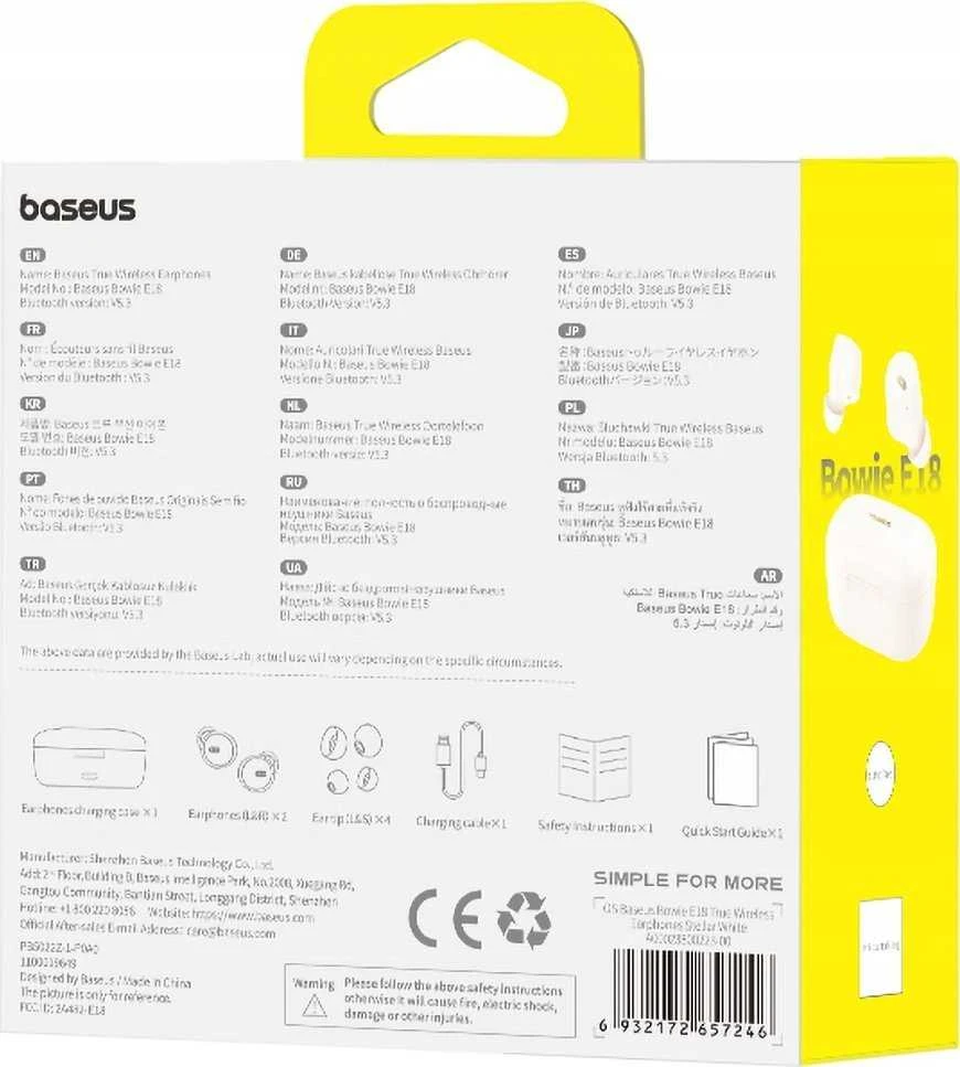 BASEUS belaidės bluetooth ausinės TWS ENC IPX4 Bowie E18 baltas