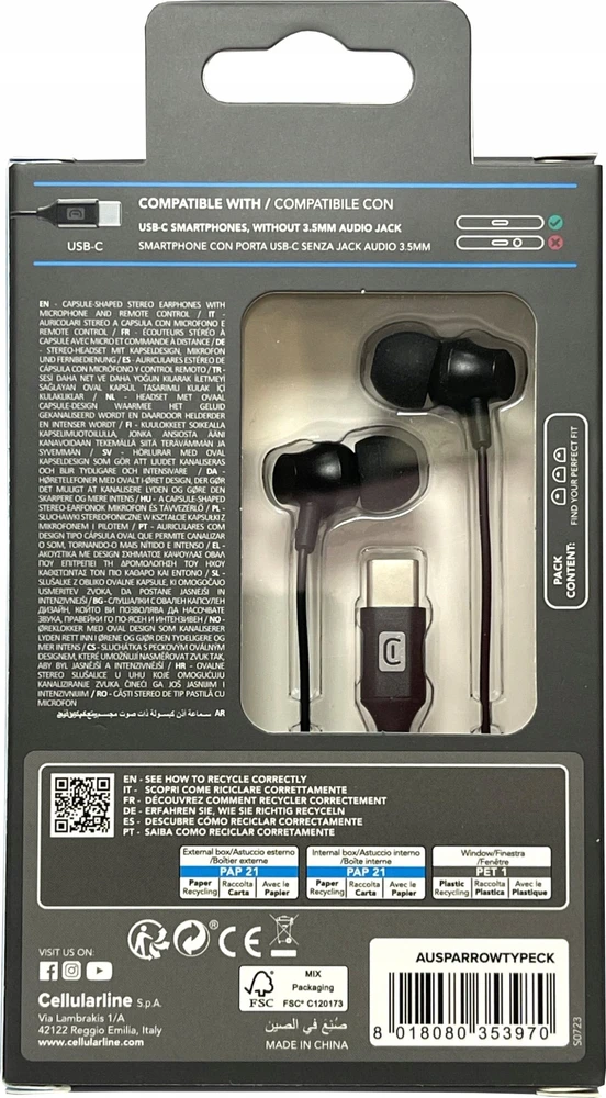Ausinės Cellular Line Cellularline USB-C In Ear Ausinės su mikrofonu juoda
