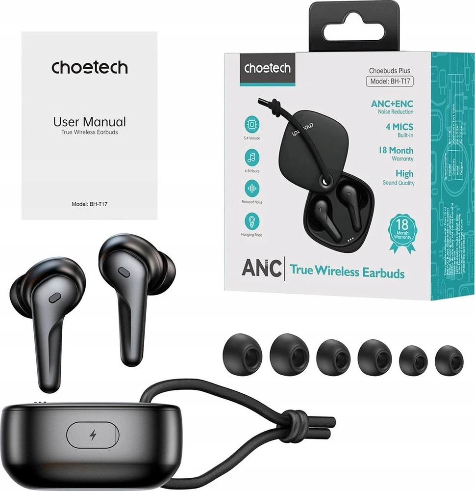 Choetech BH-T17 belaidės TWS ANC ENC IPX6 ausinės – juodos spalvos