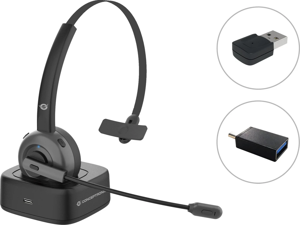 Carruzzo Conceptronic POLONA03BDA Ausinės be mikrofono ir ausinės su mikrofonu Bevielis Su lankeliu Biuras / skambučių centras Bluetooth Įkrovimo stovas Juoda