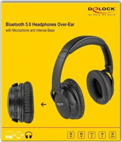 Ausinės Delock Delock Bluetooth 5.0 Kopfhorer Over-Ear faltbar su integriertem Mikrofonas ir intensivem Bass, bis zu 20 valandos Laufzeit