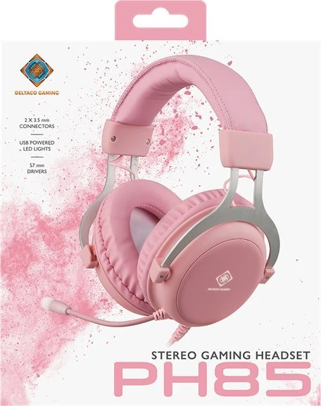 Stereo ausinės DELTACO GAMING PH85, 57mm, LED, rožinės / GAM-030-P