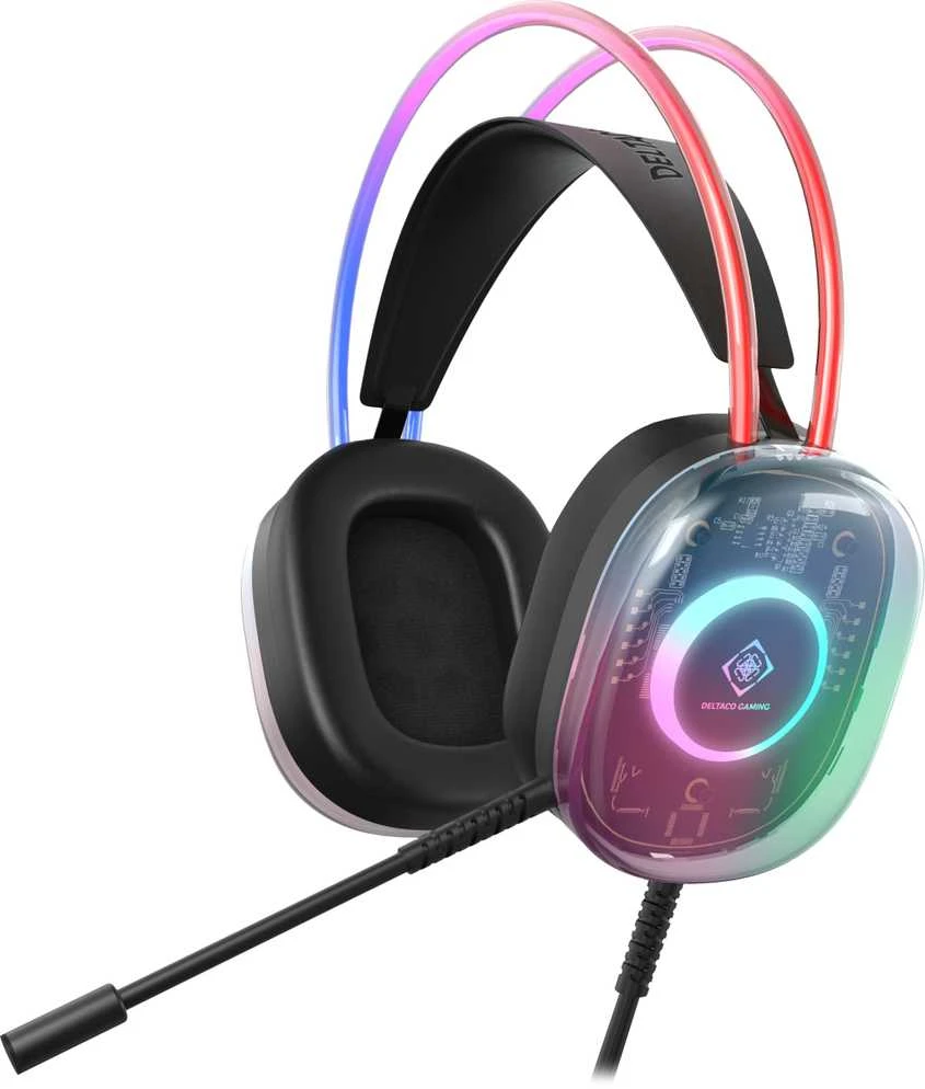 DH230 pusiau permatomos žaidimų ausinės DELTACO GAMING, RGB apšvietimas ant galvos juostos ir ausų kaušelių / GAM-186 / 4222394