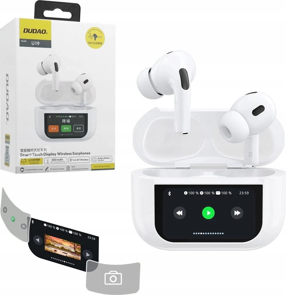 Dudao U19 į ausis įkišamos TWS belaidės Bluetooth 5.3 ausinės with LED ekranas – baltas