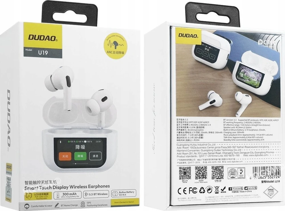 Dudao U19 į ausis įkišamos TWS belaidės Bluetooth 5.3 ausinės with LED ekranas – baltas