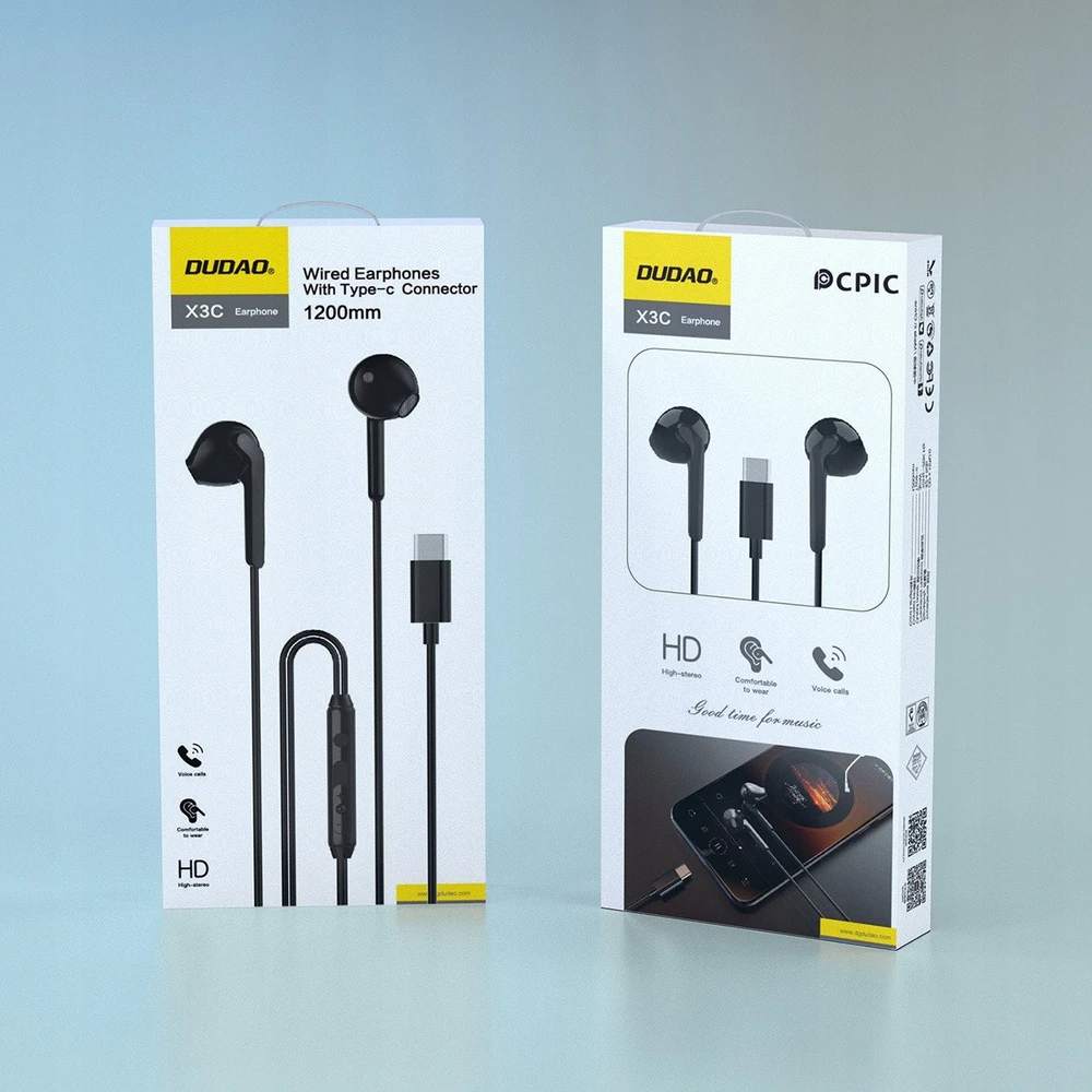 Dudao X3C į ausis įstatomos laidinės USB-C ausinės 1.2m – juodos spalvos