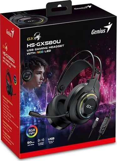 Genius GX GAMING HS-GX580U ausinės su mikrofonu, juoda, ausinės, 50 mm garsiakalbiai typ USB