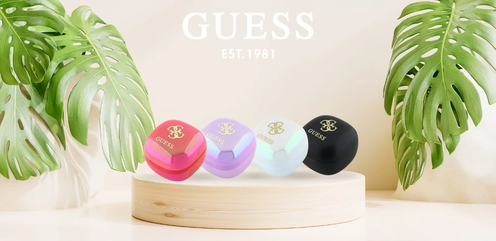 Guess Bluetooth ausinės GUTWSJ144ESU TWS + docking station violetinė Iridescent 4G Printed Logo