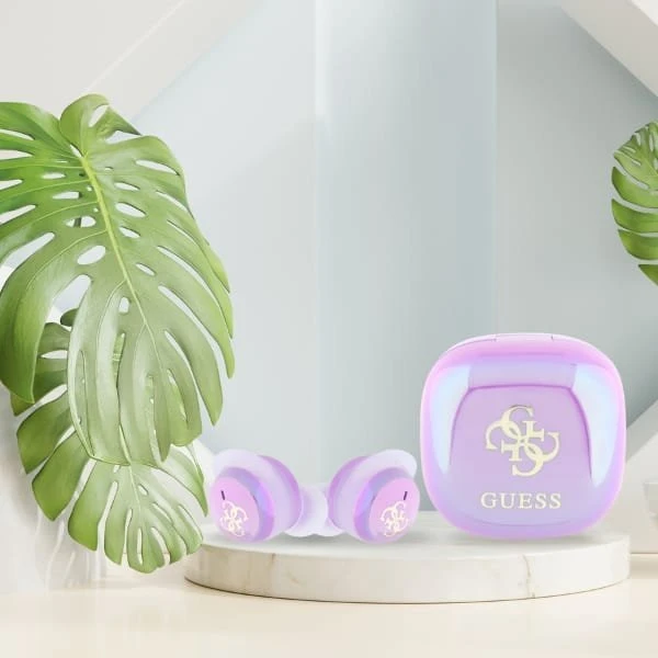 Guess Bluetooth ausinės GUTWSJ144ESU TWS + docking station violetinė Iridescent 4G Printed Logo