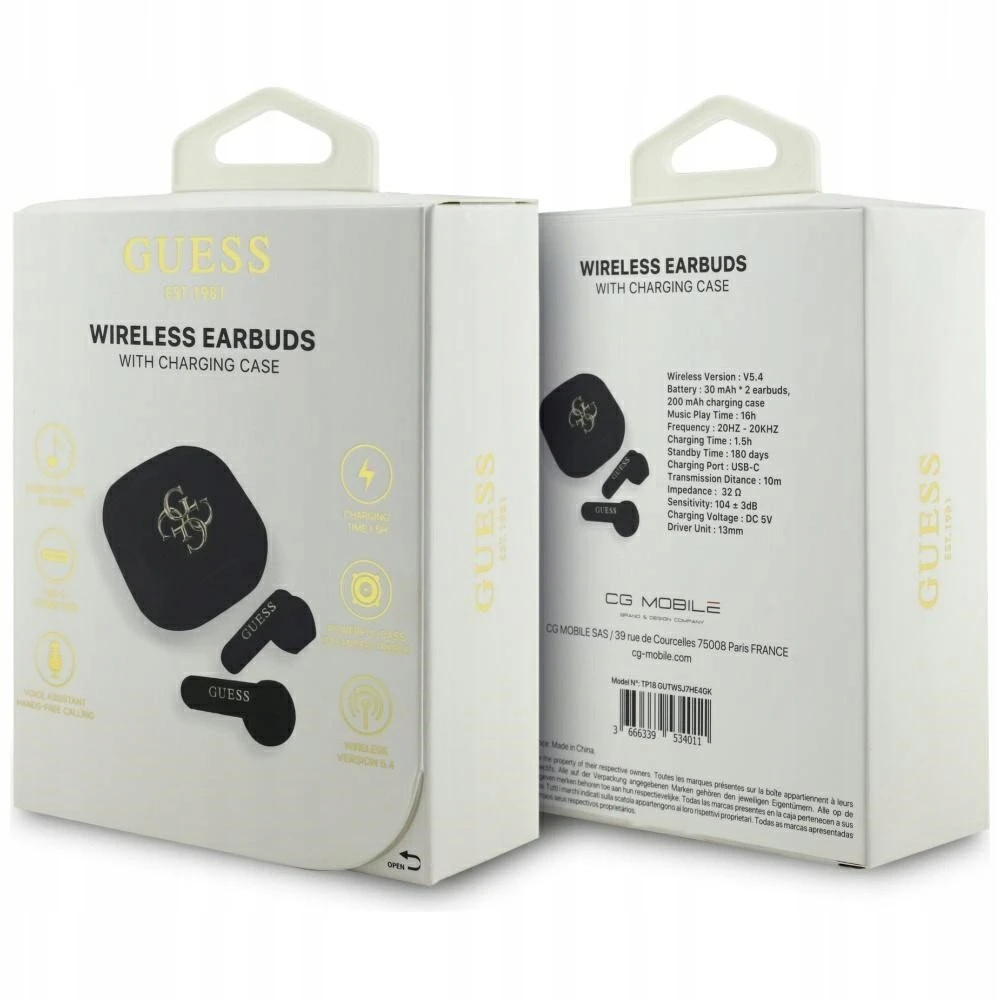 TWS Guess 4G Metal Logo ausinės juodos spalvos