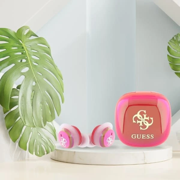 Guess Bluetooth ausinės GUTWSJ144ESF TWS + įkrovimo stotelė fuksija Iridescent 4G Printed Logo