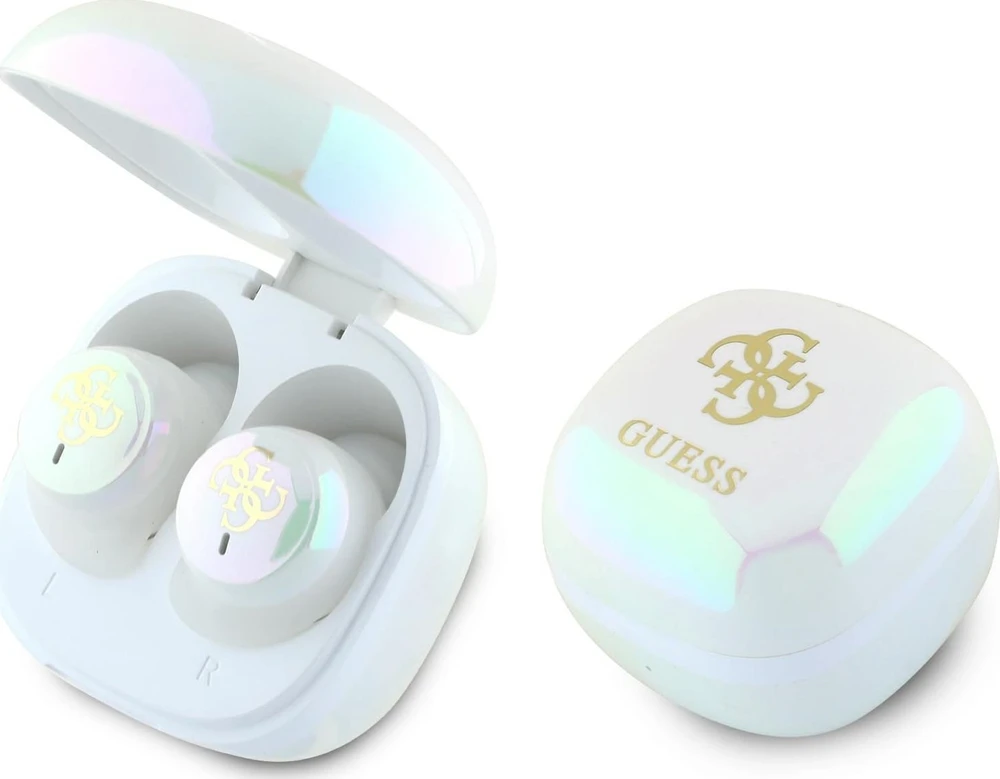 Guess Bluetooth ausinės GUTWSJ144ESH TWS + docking station baltos spalvos Iridescent 4G Printed Logo