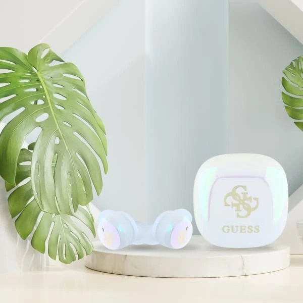 Guess Bluetooth ausinės GUTWSJ144ESH TWS + docking station baltos spalvos Iridescent 4G Printed Logo