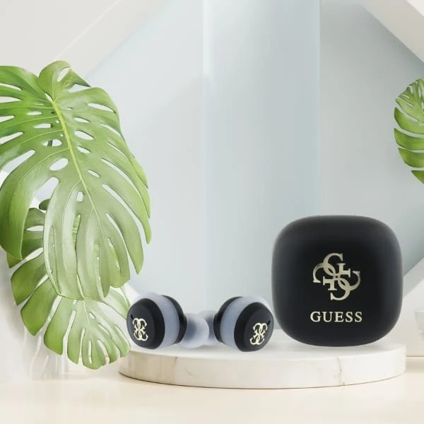 Guess Bluetooth ausinės GUTWSJ144ESK TWS + docking station juodos spalvos Iridescent 4G Printed Logo