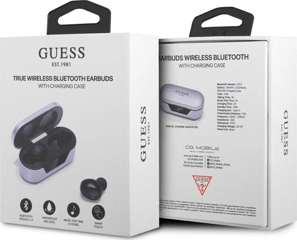Guess GUTWST31EG TWS Bluetooth ausinės + docking station violetinės spalvos