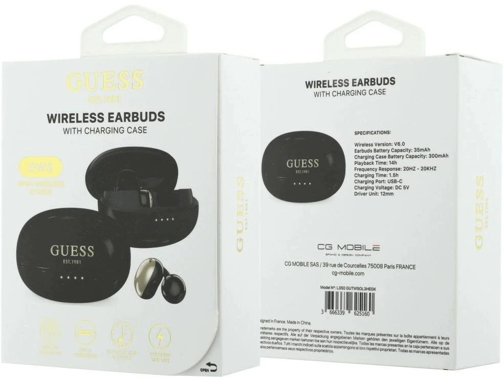 Guess Metallic Finish Classic Logo OWS belaidės ausinės juodos spalvos