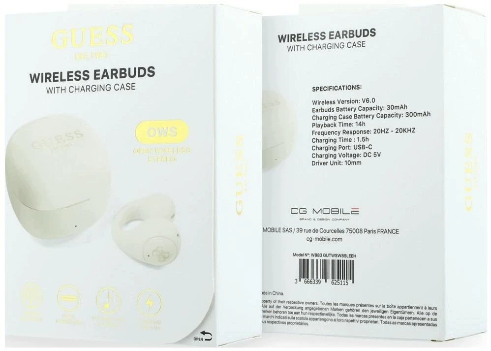 Guess Mini Classic Logo OWS belaidės ausinės baltos spalvos