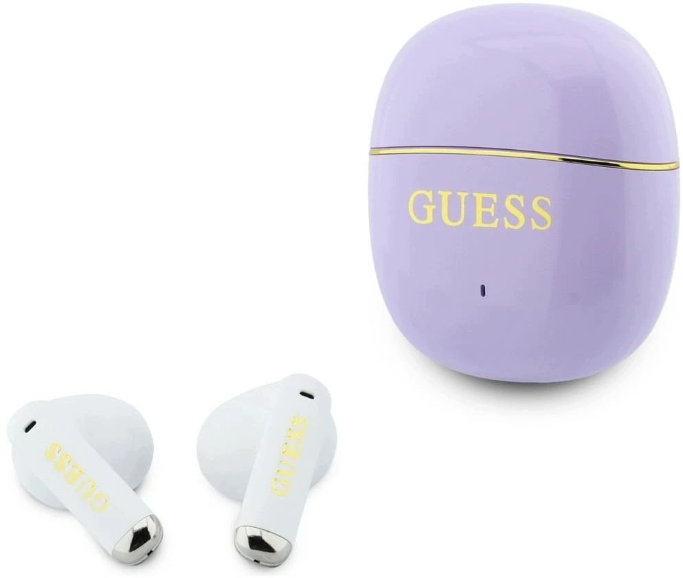 Guess Auksinė Line Glossy Classic Logo TWS belaidės ausinės violetinės spalvos