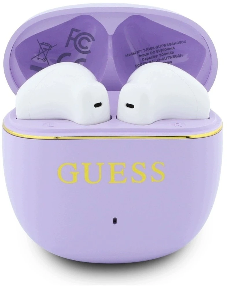 Guess Auksinė Line Glossy Classic Logo TWS belaidės ausinės violetinės spalvos