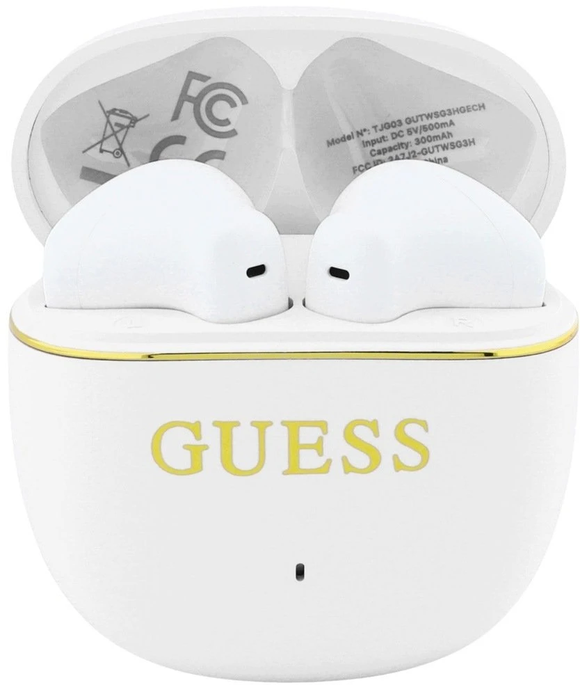 Guess Auksinė Line Glossy Classic Logo TWS belaidės ausinės baltos spalvoas
