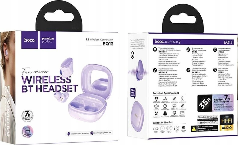 HOCO belaidės ausinės bluetooth TWS EQ13 violetinė