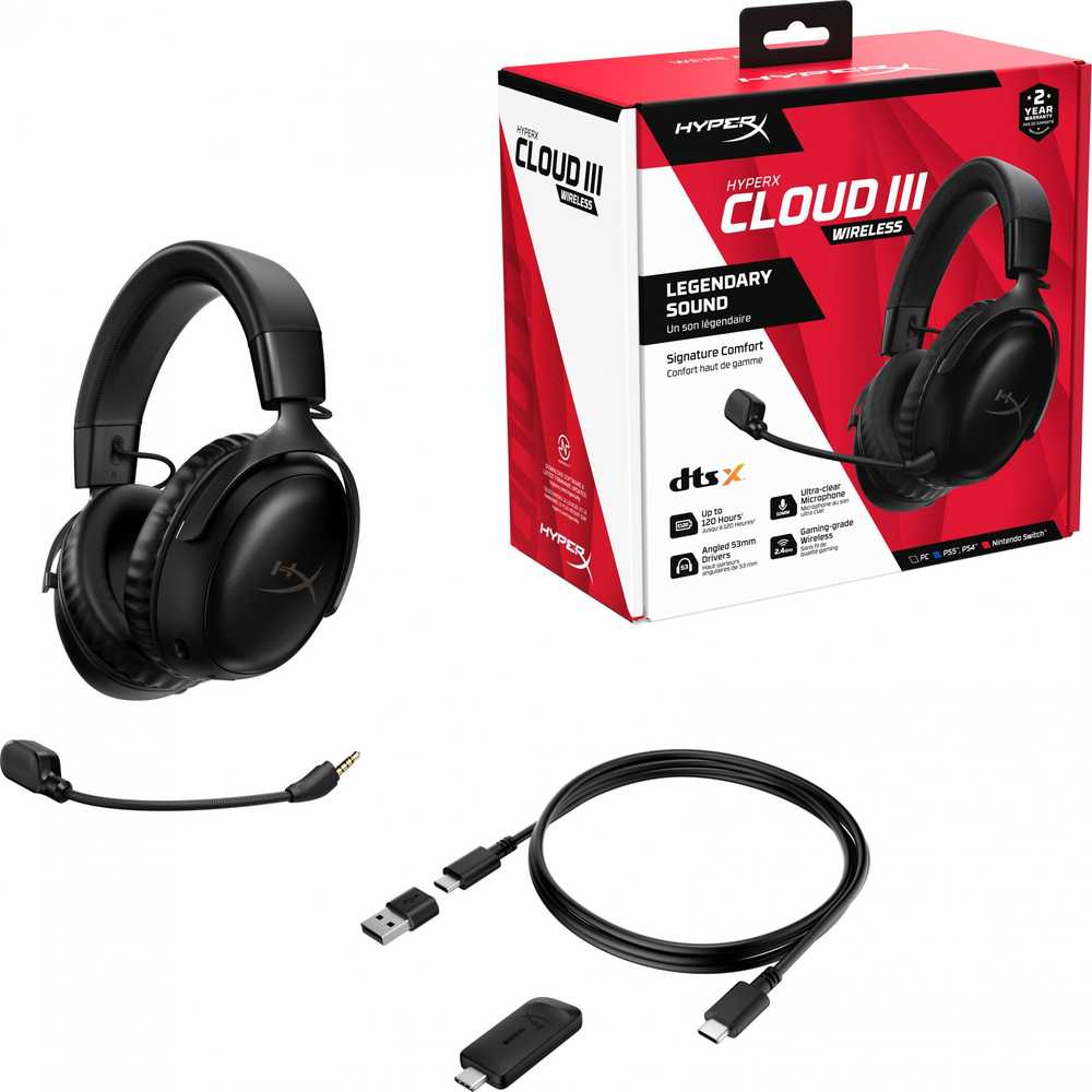 HyperX Cloud III belaidės žaidimų ausinės su mikrofonu, Juodos
