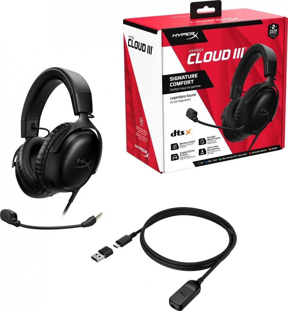 HyperX Cloud III žaidimų ausinės, Juodos
