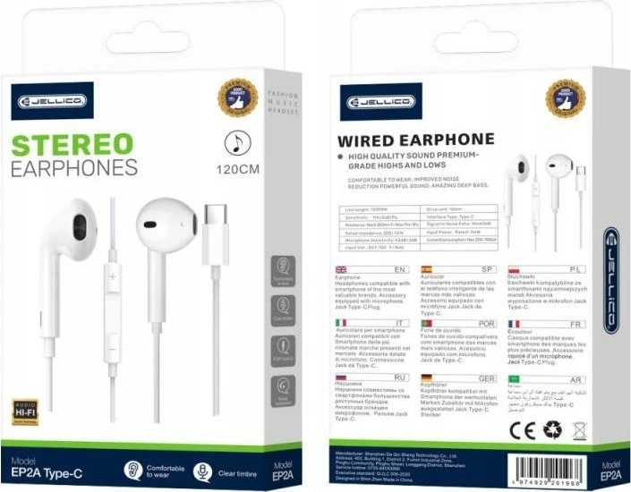 JELLICO su laidu ausinės EP2A USB-C su mikrofonu 1.2M Baltas