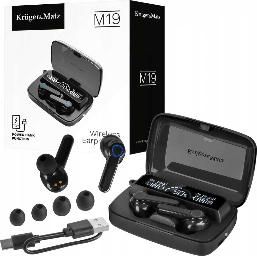 Kruger & Matz M19 belaidės į ausis įdedamos ausinės su maitinimo bloku