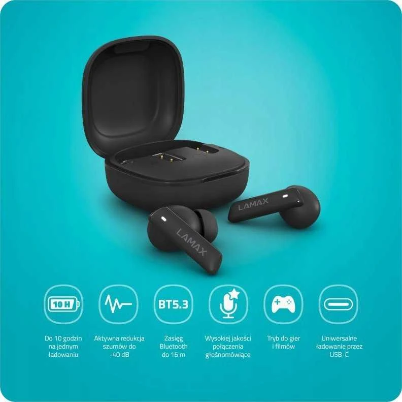 Ausinės Lamax Clips1 ANC Laisvų rankų įranga Bevielis Įkišamos į ausį Skambučiai / muzika C tipo USB Bluetooth Juoda