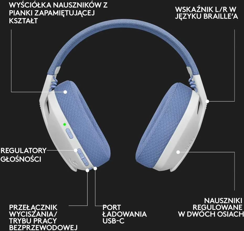 Žaidimų ausinės Logitech G435 Lightspeed, baltos/alyvų spalvos