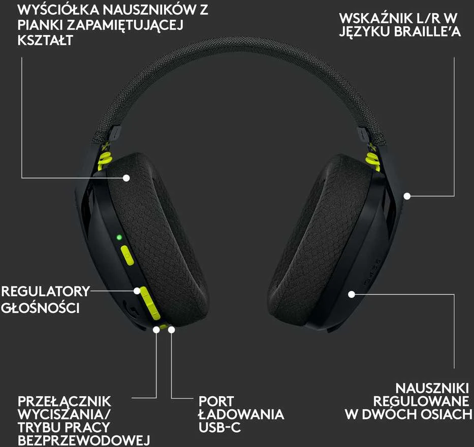 Žaidimų ausinės Logitech G435 Lightspeed, juodos/neoninės geltonos spalvos