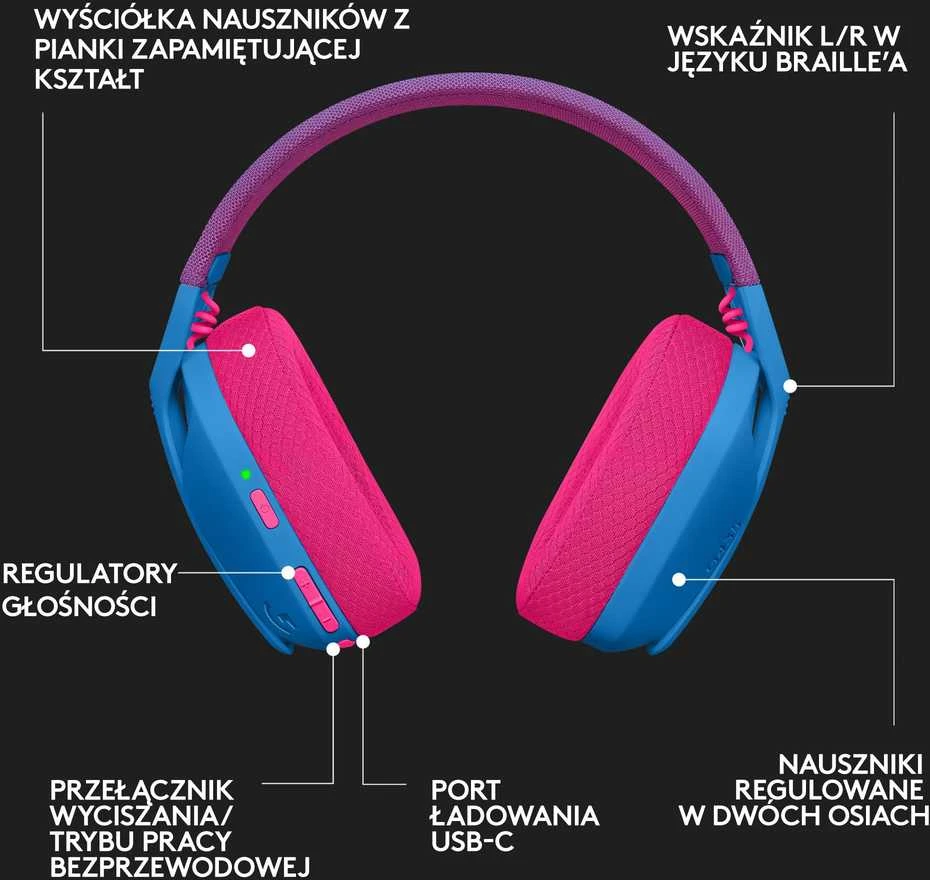 Žaidimų ausinės Logitech G435 Lightspeed, mėlynos/rožinės spalvos