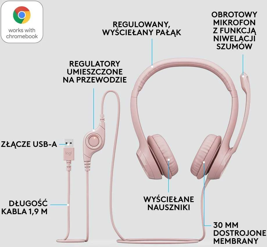 Ausinės  su laidu Logitech H390 USB, Rožinės