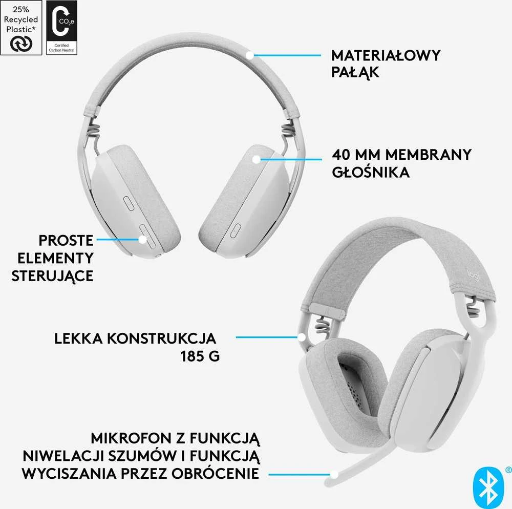 Logitech Zone Vibe 100 belaidės ausinės, Baltos