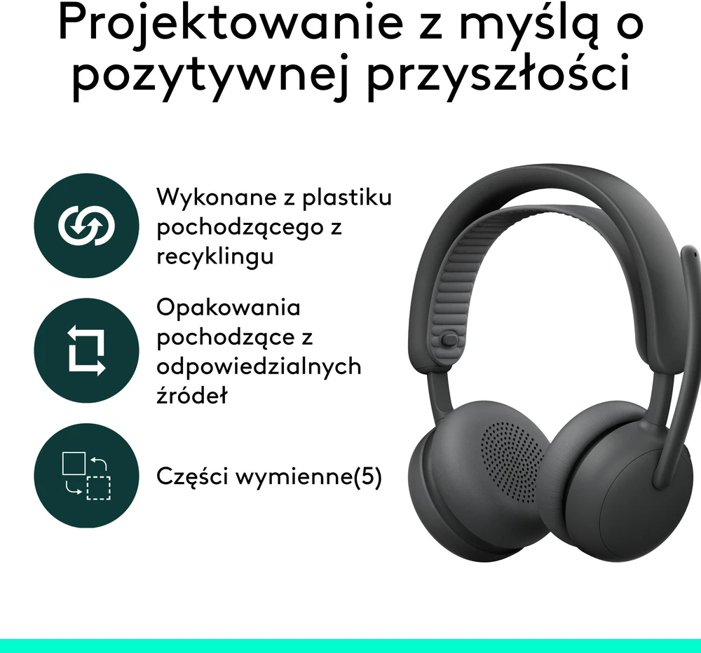 Logitech Zone 2 ausinės su perdirbtų medžiagų informacija